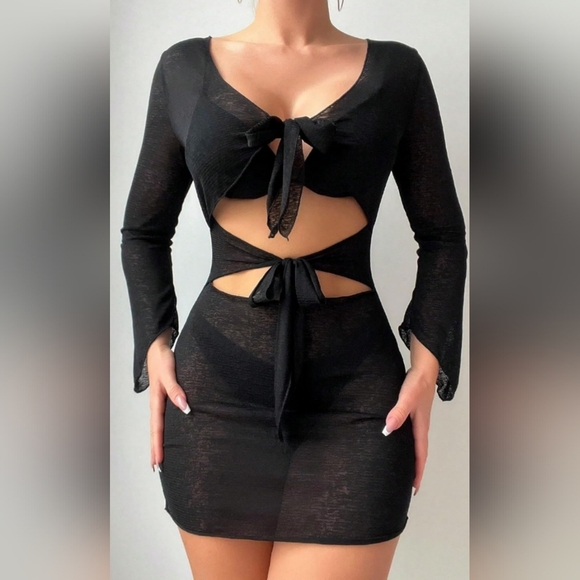 2/$50 NEW Women's Cutout Twisted Long Sleeved Bodycon Cover Up Black-(#1,478) - Picture 1 of 6